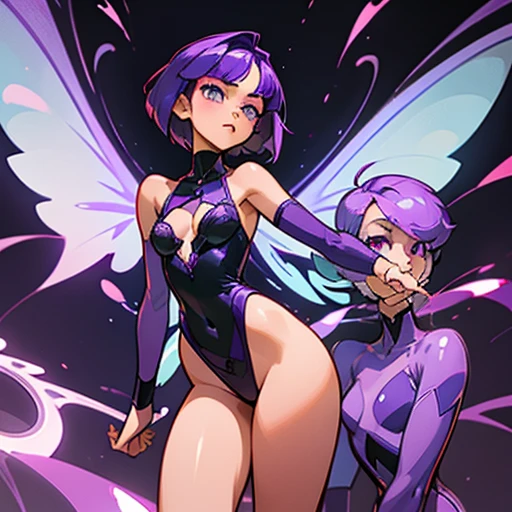 A girl with an angular face and violet eyes, a concentrated and ytical expression.
Short purple hair, styled in a modern and practical cut.
Body with a slim With wide hourglass-shaped hips and a small bust and athletic figure. Light skin. Reflects precision and efficiency.
Dressed in purple and green erotgerie and with fairy wings