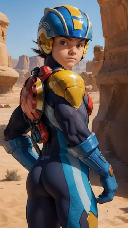 Desert Oasis,Huge muscles,Huge penis,Boy wearing a blue helmet,Hero Suit（（（8-year-old boy）））look back