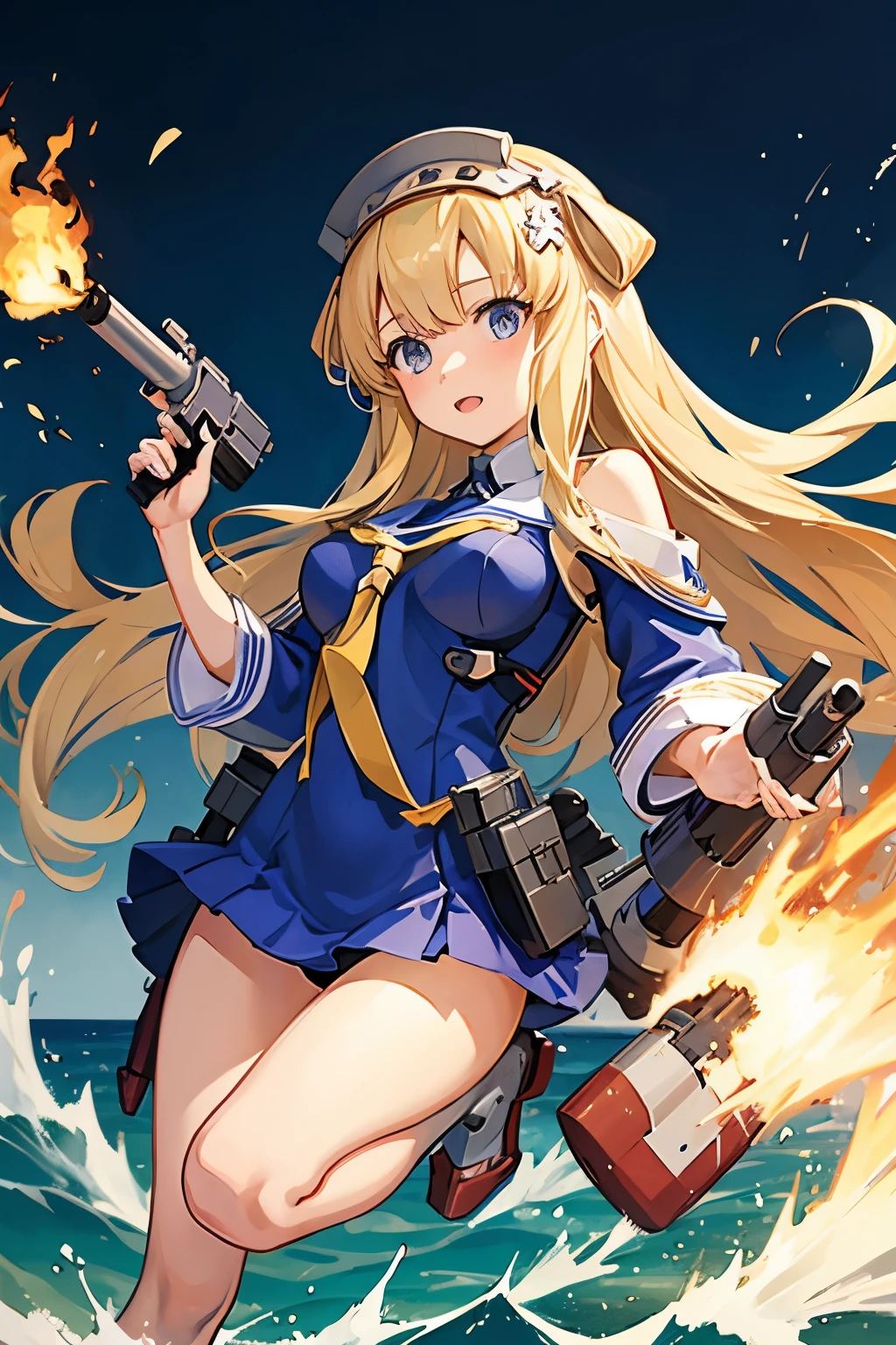 One girl、Kantai Collection、Fletcher、Blonde、Blue Eyes、Battle Scenes、Rigged、On the Sea、Fire the main gun、high resolution、Perfect body、The number one quality