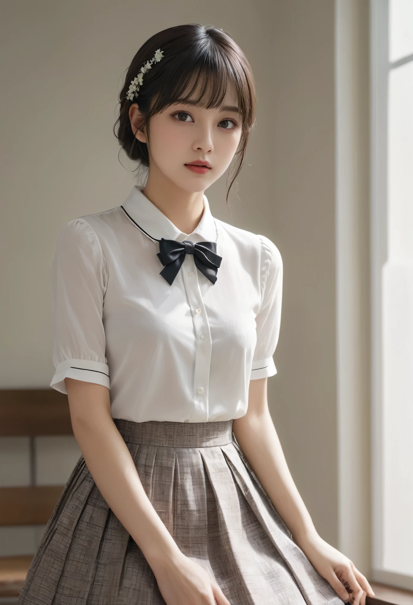 (masterpiece), (最high quality), (Very detailed), (Best Shadow), (photoRealistic:1.4), Frilled blouse, skirt, white ankle socks, (((((A long shot of a woman walking slowly))))), White floral dress, (Bright interior), (Soft Light), (Low contrast), (Shallow depth of field), (portrait of a beautiful woman illuminated by gentle light), (Very delicate and elegant depiction), (Short bangs), (Hair color is dark chestnut with a slight brown tinge), (Hair with subtle and gentle waves), (Small, intricate braids on the side of long hair), (Decorated with thin ribbons), ( White blouse with small frills), (bow tie), (青いロングskirt), (White short ankle socks), Cinema Lighting, One Girl, 16 years old, high quality, masterpiece, Very detailed, High resolution, 4K, 超High resolution, Detailed Shadows, Ultra-realistic, Dramatic lighting, One Girl, alone, Detailed face, Realistic eyes, Realistic Skin, Dynamic Hair, Dynamic pose, Dynamic Angle, White floral dress, White Background, Urzan-6500-v1.1, (RAW Photos:1.2), ( Realistic:1.4), Beautiful detailed girl, very detailed eyes and face, Beautiful attention to detail, Ridiculous, incredibly Ridiculous, Large file size, Very detailed, 