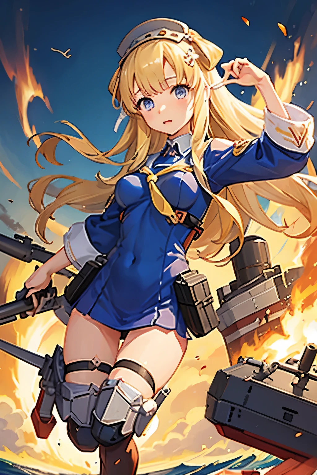 One girl、Kantai Collection、Fletcher、Blonde、Blue Eyes、Battle Scenes、Rigged、On the Sea、Fire the main gun、high resolution、Perfect body、The number one quality