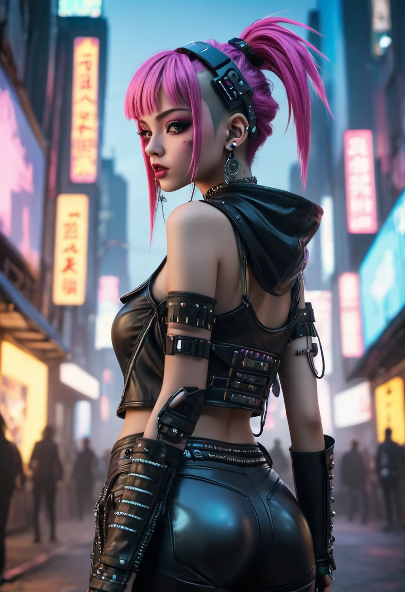 (Highest quality,8k,32K,masterpiece,Ultra-high resolution:1.3),Ultra-high resolution,(Photorealistic:1.4),RAW Photos, cyber punkガール,  Cute face with attention to detail,cyber punkヘア,cyber punkファッション,Very fine clothing,Half Body Shot,
,cyber punkシティの背景,Backlight effect, Lens flare, Depth of written boundary, cyber punk