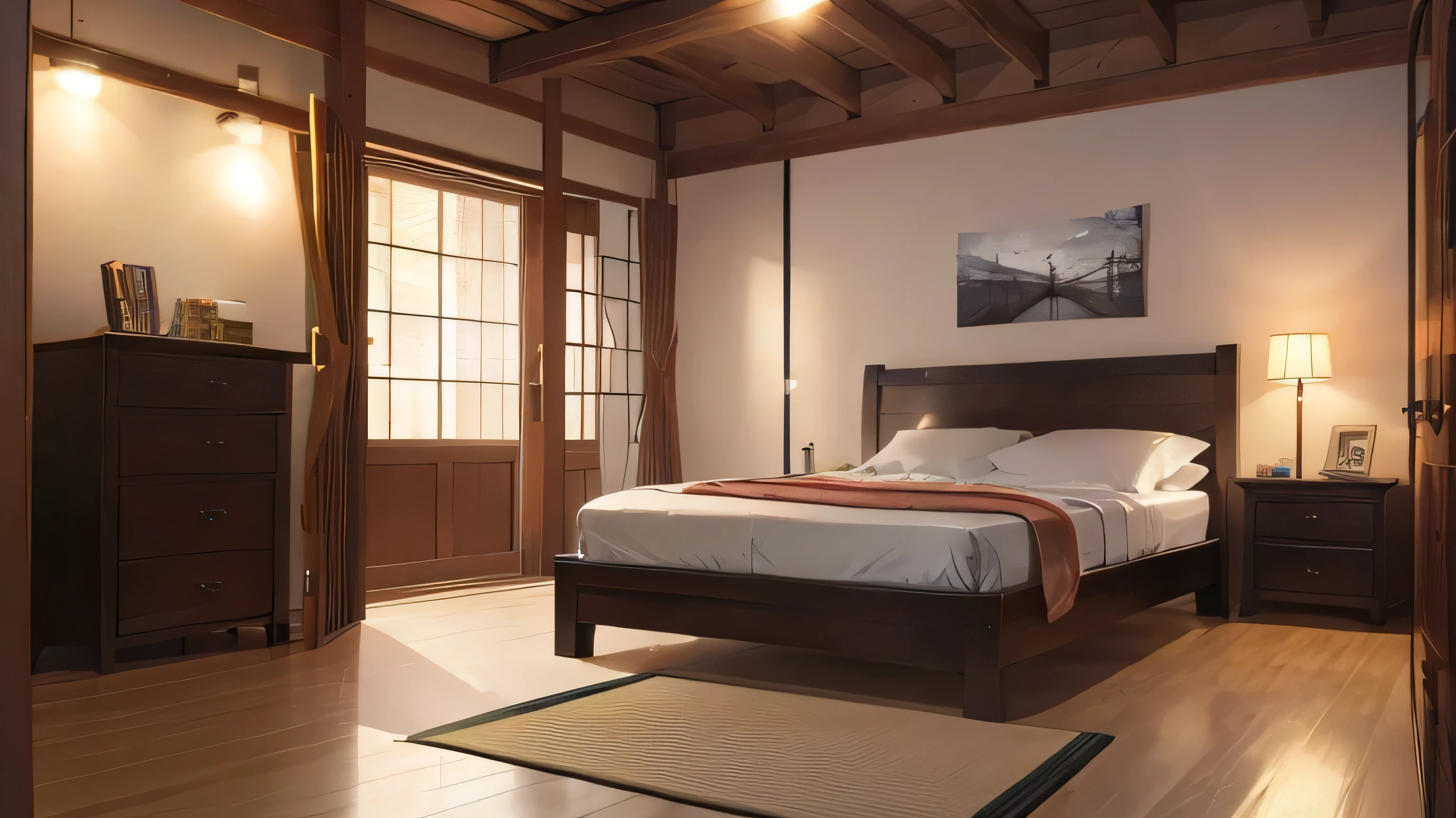 (8k, best quality, masterpiece:1.2), (realistic, photo-realistic:1.37), ultra-detailed,japanese bedroom,no character, bed side view,night,indoor,