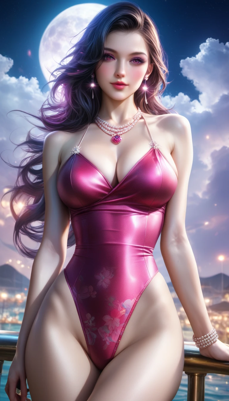 score_9, score_8_superior, score_7_superior, A masterpiece in 32K resolution,Highest quality,it is really amazing,Very detailed,Ultra-high resolution,(Ultra-realistic:1.5),(Realistic:1.5),Increased depth of field,Cinematic lighting,
Elegant Japanese MILF,
Long black hair,Ultra-detailed and beautiful face,(Gentle expression:1.1),Translucent white skin,(Realistic skin texture:1.3),
(Sexy Swimwear:1.1),
Bold design,Artistic design,Beautiful and detailed pattern,Detailed fabric texture,
Gorgeous necklace,Earrings,
Coastline at night,(Giant Moon:1.1),(Dark clouds floating in the dark night sky:1.1),
(Dramatic Angle:1.5),