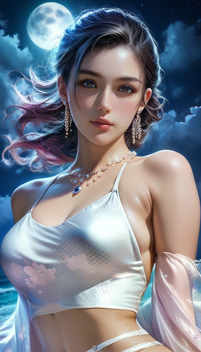 1 girl, solo, Wrap your hands around your chest, full bodyesbian, Hair covers the chest and lower body, No dressing, topless,abyssal, dark blue hair, curly hair, ribbon, closed eyes, parted lips, expressionless, curtained hair, hair over shoulder, Romanticism, god rays, vignetting, partially underwater shot, emphasis lines, vanishing point, from below, masterpiece, anatomically correct, super detail, high details, high quality, best quality, 8k