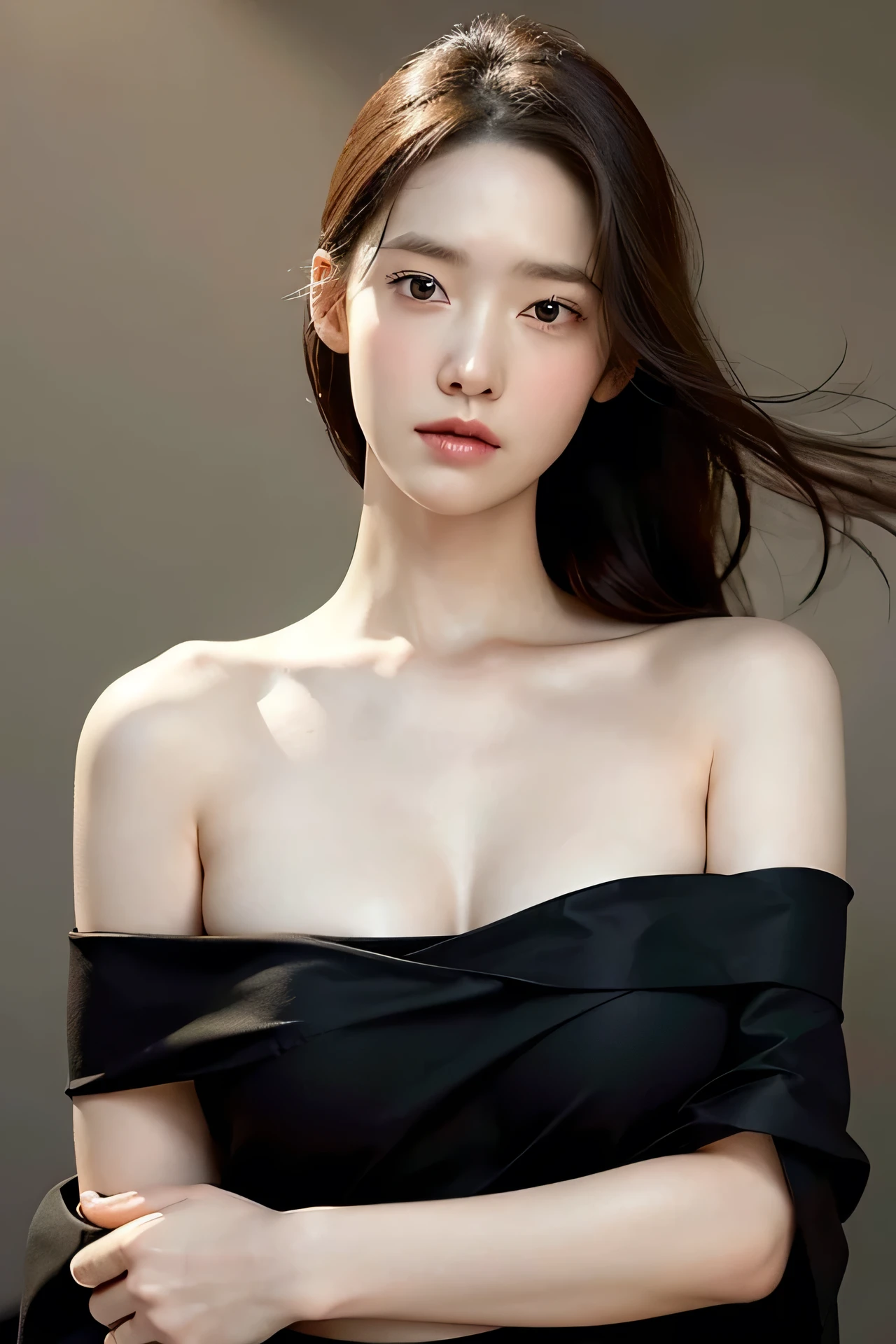 highest quality, masterpiece, ultra high resolution, (photorealistic:1.4), RAW photo,1 girl, alone, realistic, lips, (looking at the viewer), Upper body, simple background, brown eyes, black dress, off shoulder,Less cloth 