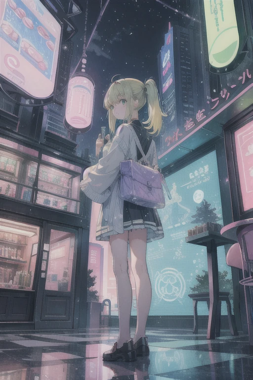 ((Highest quality, masterpiece, Absurd, Super Resolution)) photo of beautiful jpn-gyaru, alone, green,blonde,purple,Gray Hair, Standing on the playground, From afar, From the side, Shiny, beautiful anime eyes with luster reflection, beautiful, money, coin, Drink, bottled water, Soda in a can, (Ramune:1), Background vending machine