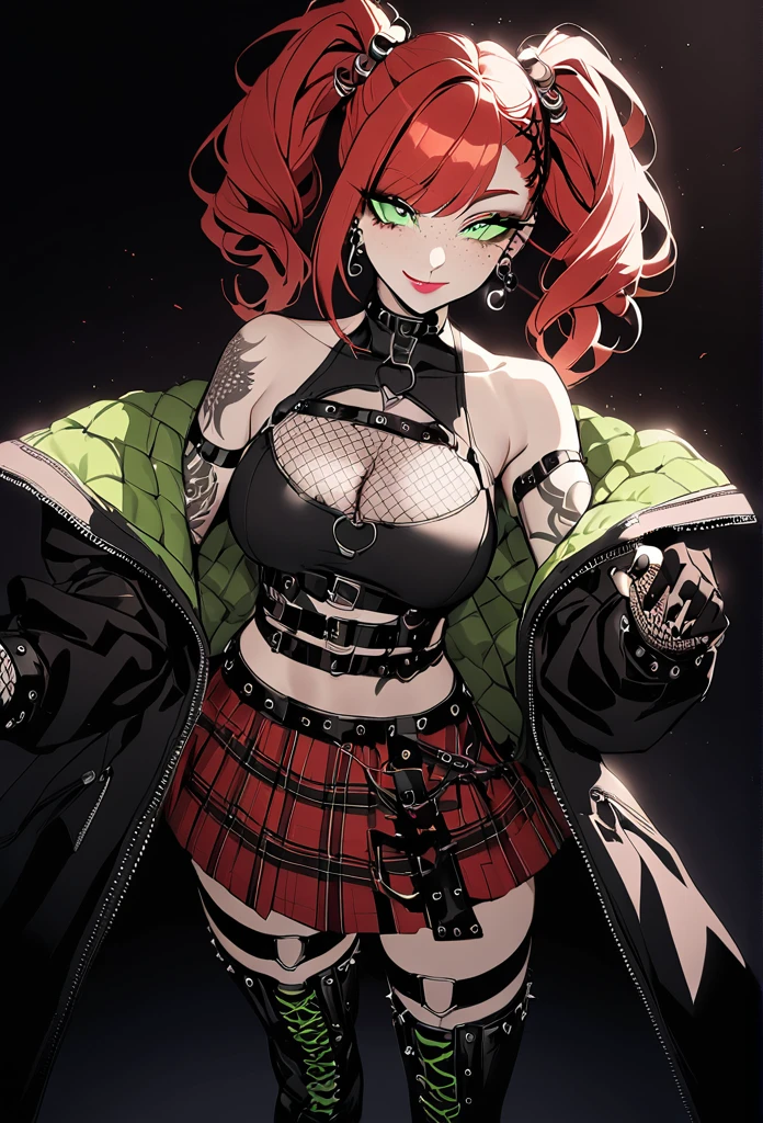 woman, smile, curly red hair in pig tails, green eyes, eye shadow, long black jacket, red plaid skirt, (black knee high boots), black finger-less gloves, exposed shoulders, large breasts, freckles, cleavage, fishnet undershirt, looking at viewer, Holo-Punk Style, goth, earrings, eyelashes, jewelry, lips, makeup, solo, tattoo, punk aesthetic, foreshortening, darkbackground, cinematic lighting, masterpiece, best quality