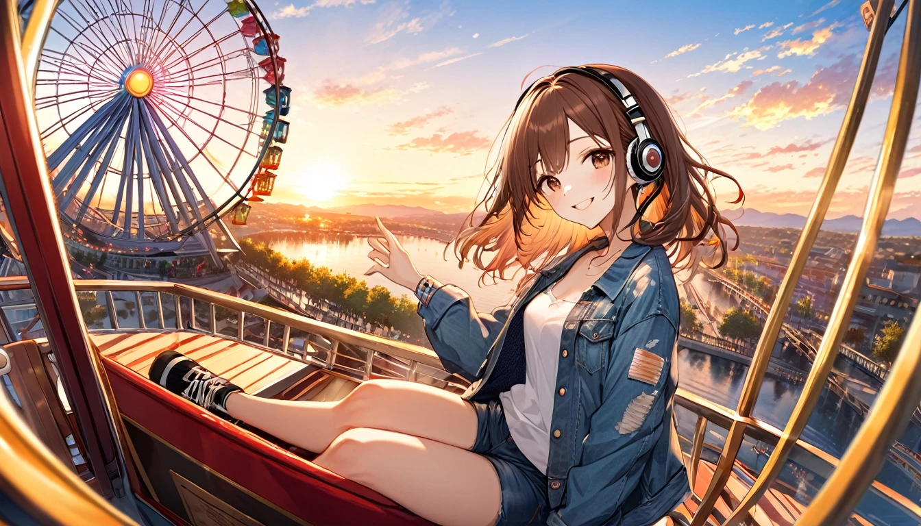 Brown-haired girl wearing headphones、Ferris wheel at sunset very detailed、masterpiece, Highest quality, Light background:Ferris wheel floating in the sunset sky:Costume with a happy smile:Casual denim jacket pose:Scene of sitting in a Ferris wheel gondola:The Ferris wheel and the wide view at sunset
(Detailed fingers), (Emotional), (Breathtakingly beautiful), (main part:1.2 Whole body), (Anime Style), (Very detailed), (超High resolution, High resolution), (8k), (Complex and beautiful: 1.2)