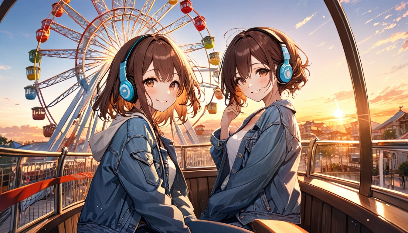 Brown-haired girl wearing headphones、Ferris wheel at sunset very detailed、masterpiece, Highest quality, Light background：Ferris wheel floating in the sunset sky：Costume with a happy smile：Casual denim jacket pose：Scene of sitting in a Ferris wheel gondola：The Ferris wheel and the wide view at sunset
(Detailed fingers), (Emotional), (Breathtakingly beautiful), (main part:1.2 Whole body), (Anime Style), (Very detailed), (超High resolution, High resolution), (8k), (Complex and beautiful: 1.2)
