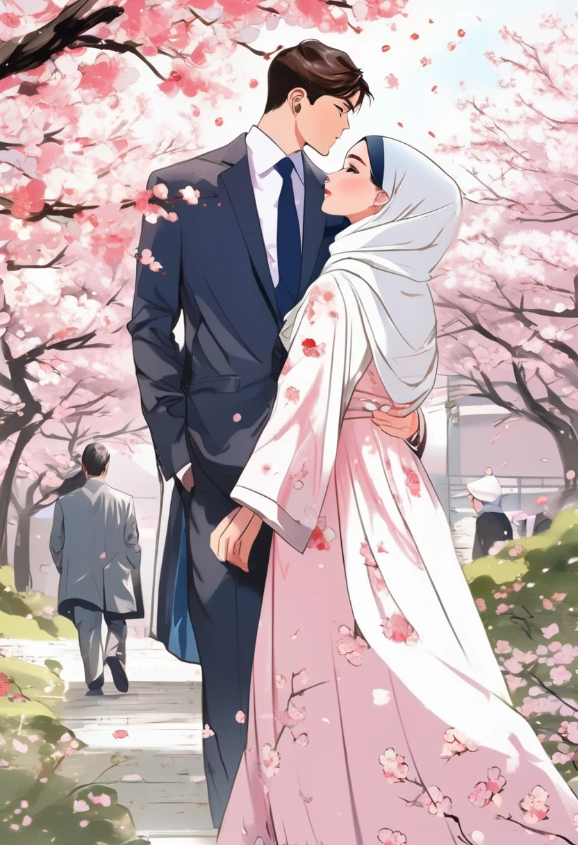a pair of handsome and beautiful lovers like Korean idols. sitting in a cherry blossom garden, a woman wearing a beautiful hijab and a man in casual clothes. manga style, digital art, by Marshall Arisman, cover illustration, 70mm, 7 0 mm, 70 mm, book cover illustration, by Brigette Barrager, album cover, novel cover art for a book, art concept for a book cover, cover art, 7 feet tall,