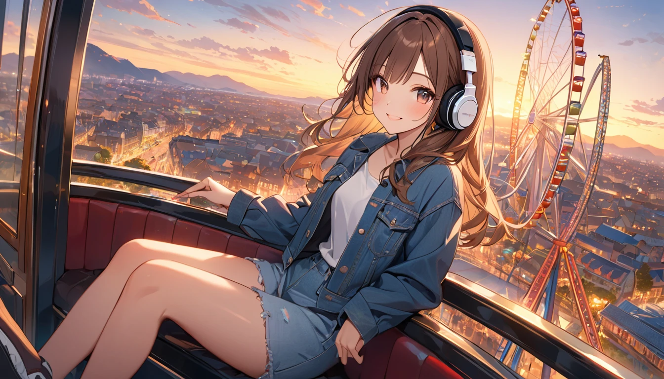 Brown-haired girl wearing headphones、Ferris wheel at sunset very detailed、masterpiece, Highest quality, Light background:Ferris wheel floating in the sunset sky:Costume with a happy smile:Casual denim jacket pose:Scene of sitting in a Ferris wheel gondola:The Ferris wheel and the wide view at sunset
(Detailed fingers), (Emotional), (Breathtakingly beautiful), (main part:1.2 Whole body), (Anime Style), (Very detailed), (超High resolution, High resolution), (8k), (Complex and beautiful: 1.2)
