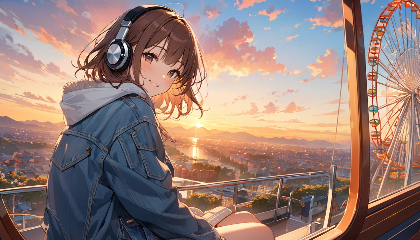 Brown-haired girl wearing headphones、Ferris wheel at sunset very detailed、masterpiece, Highest quality, Light background：Ferris wheel floating in the sunset sky：Costume with a happy smile：Casual denim jacket pose：Scene of sitting in a Ferris wheel gondola：The Ferris wheel and the wide view at sunset
(Detailed fingers), (Emotional), (Breathtakingly beautiful), (main part:1.2 Whole body), (Anime Style), (Very detailed), (超High resolution, High resolution), (8k), (Complex and beautiful: 1.2)
