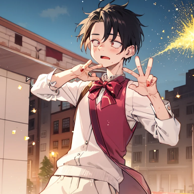 solo, 1boy, male, pigeon pose, wavy mouth, glitter particles, outdoors,