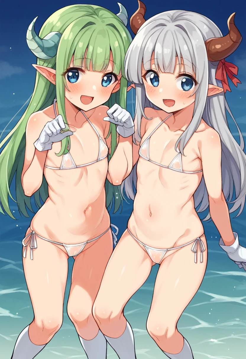 Long Hair, chest, View your viewers, blush, smile, Open your mouth, bangs, blue eyes, 大きなchest, Knee socks, gloves, ribbon, belly button, chestの谷間,  Transparent swimsuit, whole body, Gray Hair, 巨大なchest， (巨大なchest: 1.8), Green Hair, horn, Pointed Ears, Blunt bangs, Raise your arms, (１People Women),  (Side tie bikini bottom), (Transparent micro bikini), (（White tiny micro bikini）), wave hands