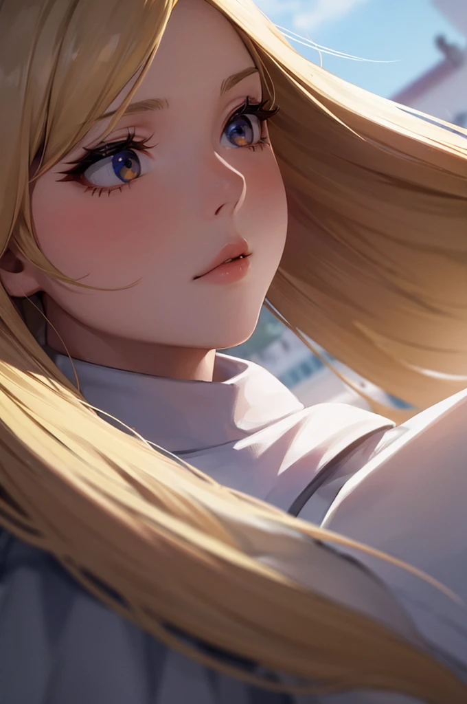 1 girl with long blonde hair, White skirt, Close-up of face