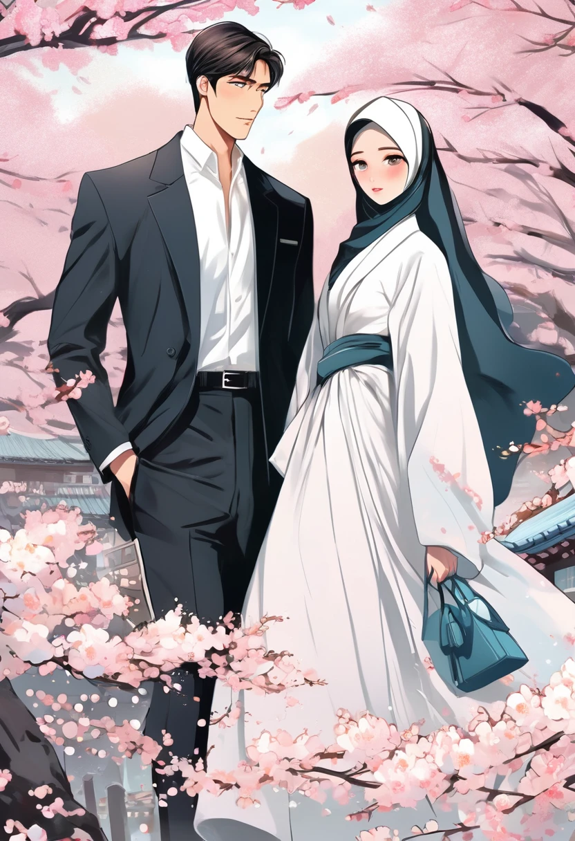 a pair of handsome and beautiful lovers like Korean idols. walking in a cherry blossom garden, a woman wearing a beautiful hijab long dress, and a man in black suit. manga style, digital art, by Marshall Arisman, cover illustration, 70mm, 7 0 mm, 70 mm, book cover illustration, by Brigette Barrager, album cover, novel cover art for a book, art concept for a book cover, cover art, 7 feet tall