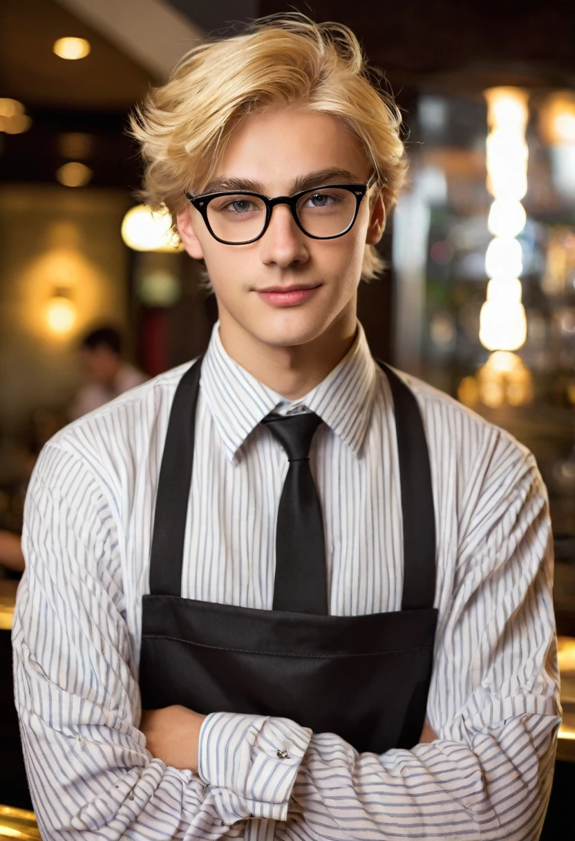 17 yead old blond male with glasses dressed like a server 