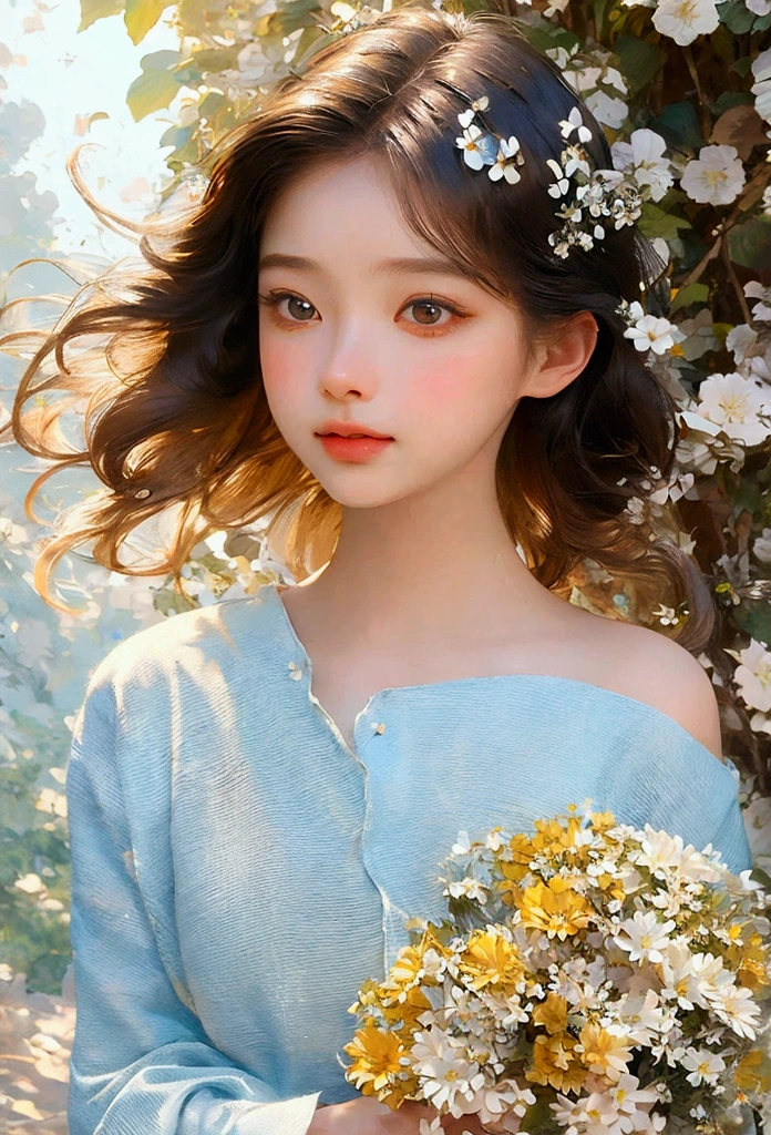 a girl looking down, wind, particles, intricate and detailed natural background, bright mood, upper body, (best quality, masterpiece:1.2), 1girl, detailed eyes, detailed lips, extremely detailed face, long eyelashes, wind blowing hair, serene expression, colorful flowers, lush foliage, sunlight filtering through leaves, warm color palette, soft lighting, cinematic composition, photorealistic, intricate details