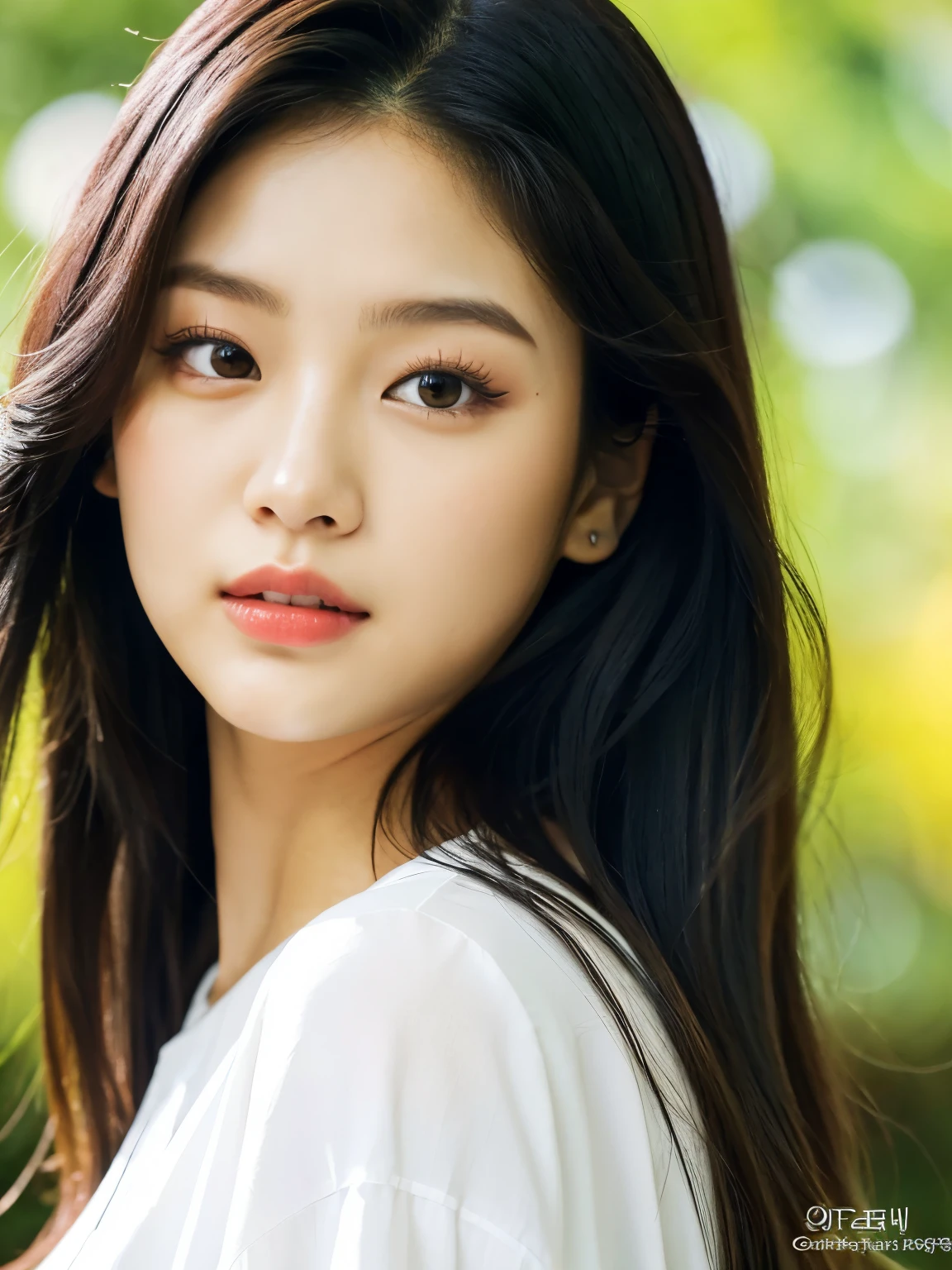 a close up of a woman with long hair wearing a white shirt, blackpink jennie, lee ji - eun, lee ji-eun, heonhwa choe, portrait of jossi of blackpink, jossi of blackpink, gongbi, jaeyeon nam, roseanne park of blackpink, park ji-min, wenfei ye, hwang se - on, gemma chen