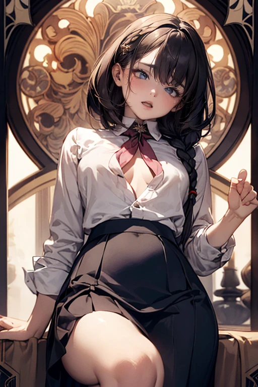 (((round face))), drooping eyes, shame, a young housewife, (focus on her mouth, ecstasy face, lewd girl, casual clothes, unbuttoned-shirt, long-skirt), (((masturbating while she is touching her body, tongue))), braid, (((art nouveau))), angle from below,Slanted Eyes,Sensual orgasm that cannot be resisted,Lewd,Prostitute,