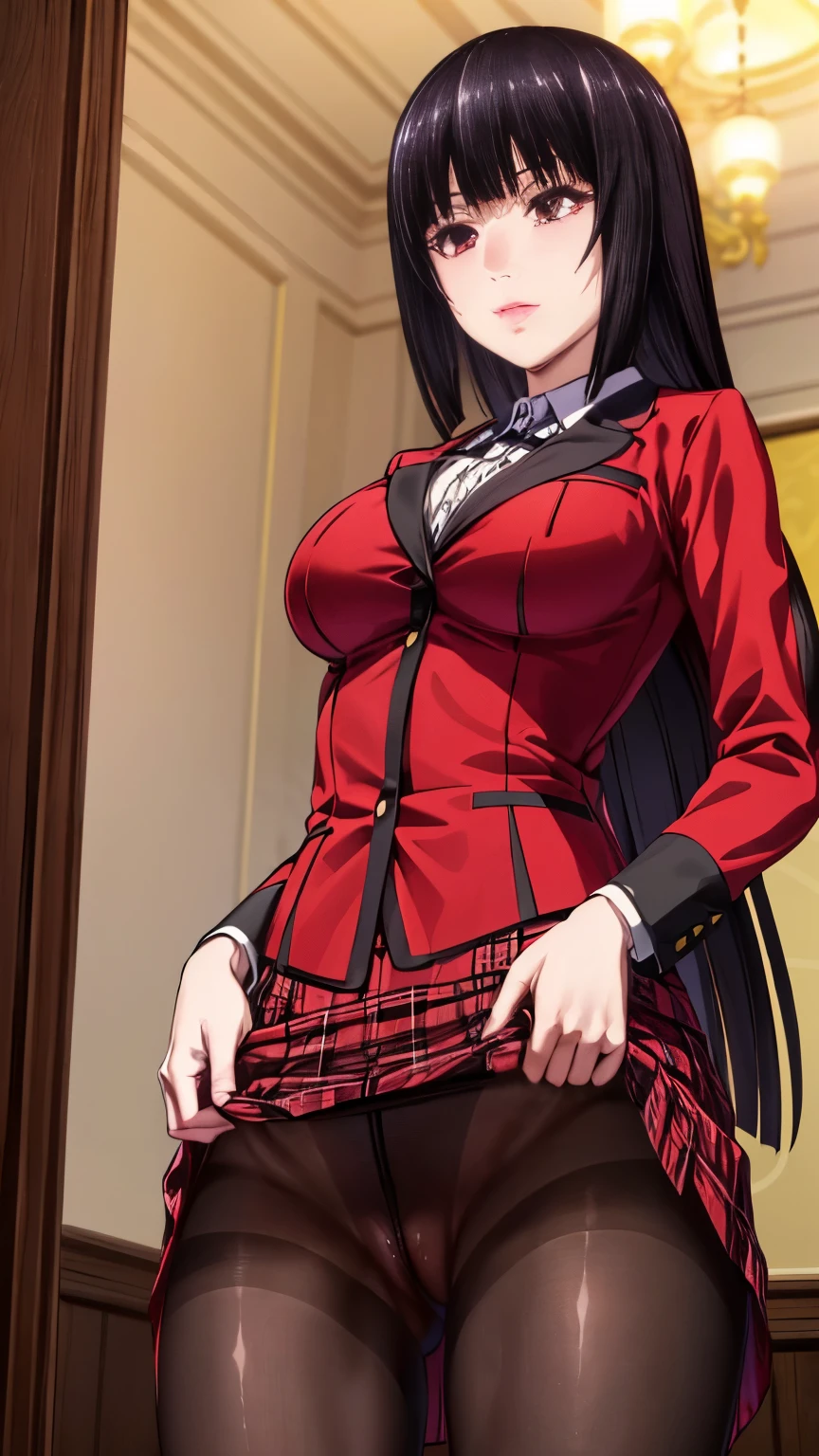 (best quality,masterpiece:1.2), high resolution, intricate details, extremely detailed, cinematic lighting, portrait, front view, (view from below:1.2), solo, 1girl, (kakegurui yumeko,Yumeko Jabami), a beautiful woman, (long hair, blunt bangs, red eyes, red jacket, white collared shirt, black ribbon, black pleated plaid skirt, black pantyhose:1.2), detailed face, beautiful detailed eyes, sophisticated nose, (standing with open legs, partially visible vulva), (skirt lift, showing off groin:1.4), photo background, indoors, gorgeous room,