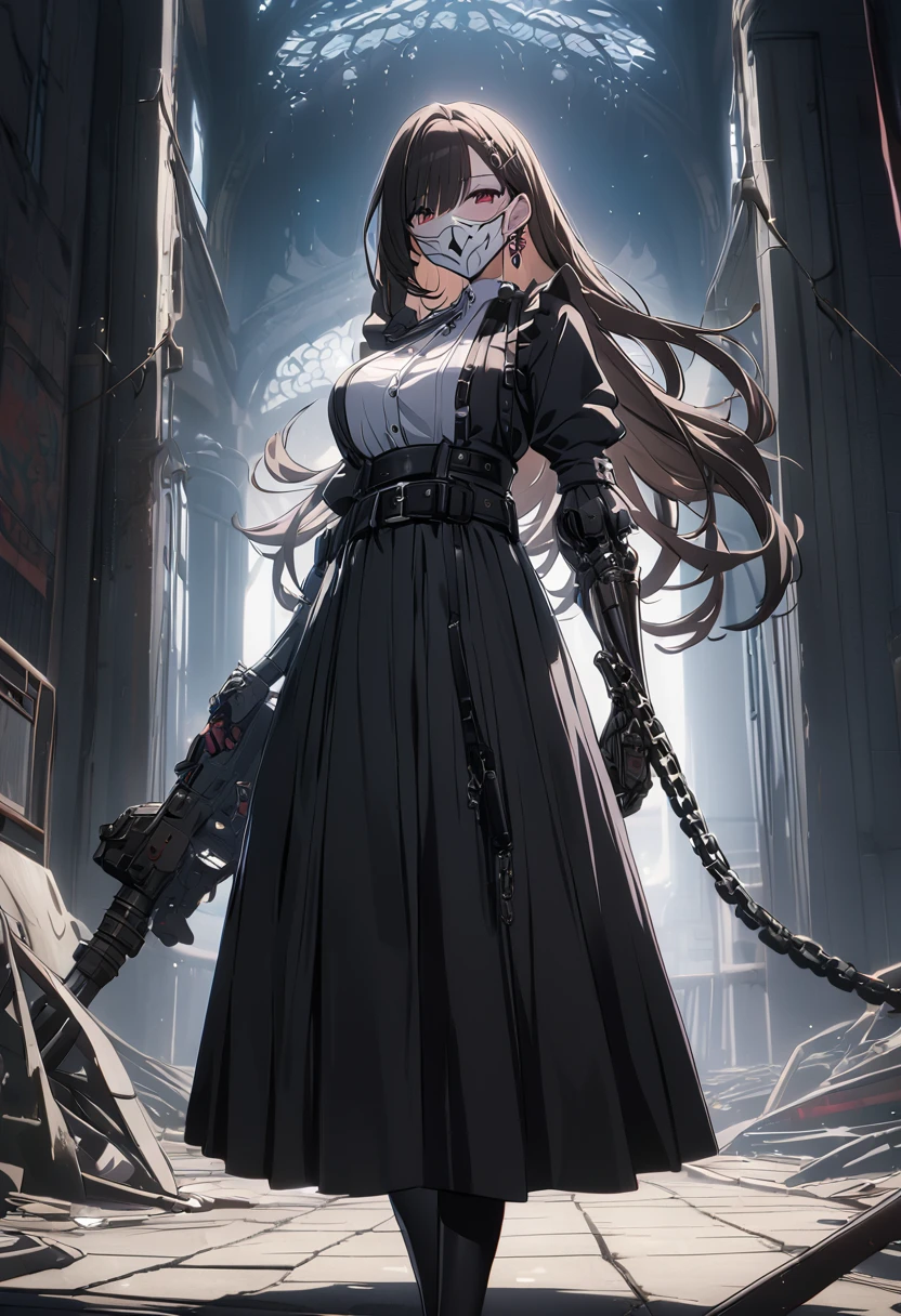 Dark brown hair, earrings, webbed belt, tactical, pouches, chain, black maid outfit, frills, apron, weapon Holster, webbed belt, long skirt, metal gloves, black thighhighs, large breasts, long hair, kitsune mask, full face mask, faceless, white mask, japanese mask, hidden face, ominous vibe, aesthetic light glow, shadowy, Ultra quality, UHD, high detail, anime aesthetic, Anime screenshot, Ultra quality, UHD, high detail