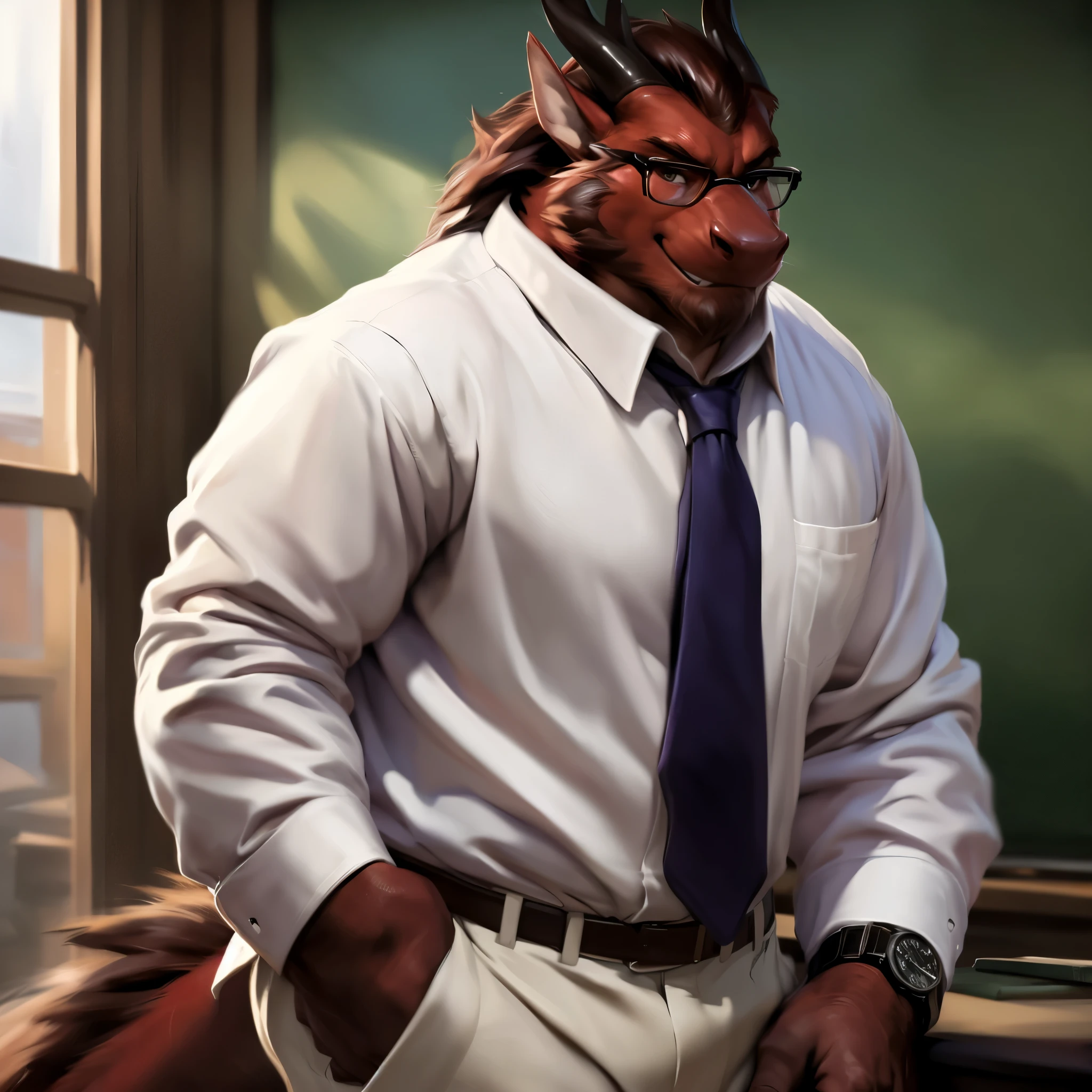 Eastern Dragon, Male, Solo, Horn, Tail, Wearing White Collar Shirt, Claws, Scales, Wearing eye glasses, Classroom background, Hands on side, Looking at viewer, Middle-aged, White beard, Leaning, Dark Red Color body, wearing watch, Neck Tie, Handsome face, sexy, beefcake, daddy, Detailed eyes, (Photorealistic, Realistic shadows, depth of field, Wide Dynamic Field, Dark Shadows, HDR, Low Light: 1.2, Full Body Shot), (by null-ghost, by Chunie, by darkgem), 