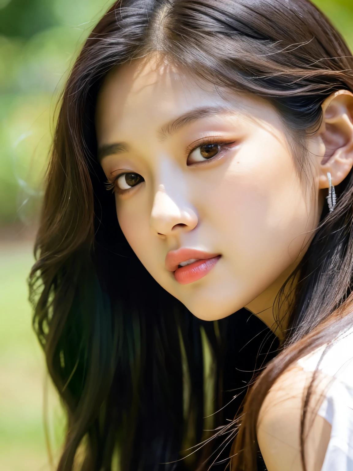a close up of a woman with long hair wearing a white shirt, blackpink jennie, lee ji - eun, lee ji-eun, heonhwa choe, portrait of jossi of blackpink, jossi of blackpink, gongbi, jaeyeon nam, roseanne park of blackpink, park ji-min, wenfei ye, hwang se - on, gemma chen