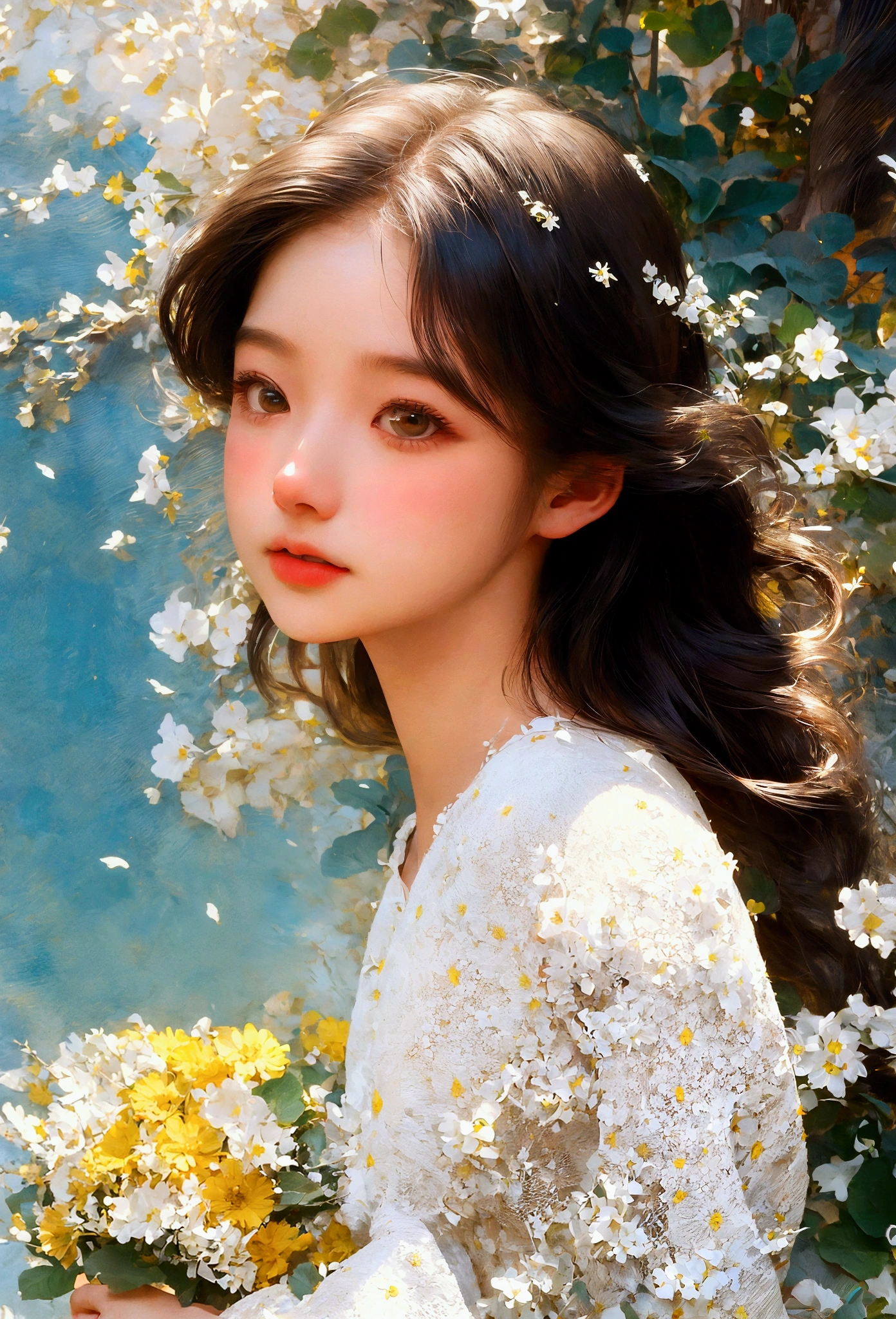 a girl looking down, wind, particles, intricate and detailed natural background, bright mood, upper body, (best quality, masterpiece:1.2), 1girl, detailed eyes, detailed lips, extremely detailed face, long eyelashes, wind blowing hair, serene expression, colorful flowers, lush foliage, sunlight filtering through leaves, warm color palette, soft lighting, cinematic composition, photorealistic, intricate details