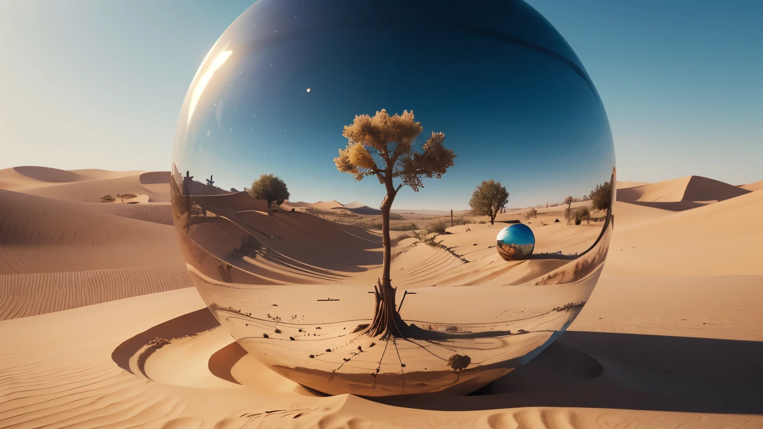 Image of wooden arabic numerals in a glass ball against a desert landscape, Tree of life in a ball, Surreal digital art, Surrealism 8k, Surreal digital art, Surrealism art, Surreal 3D rendering, 3d rendering digital art, Mark Adams, Surreal concept art, 3D rendering beeple, Stylized digital art, 4k surrealism
