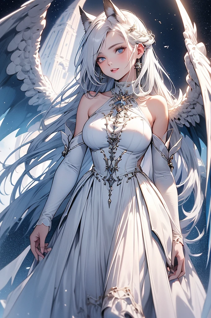 ((masterpiece, Highest quality)),Ultra-high resolution, (realism: 1.4),Best illustrations,Line art,Very condensed adult female,Delicate and beautiful features,Slit eyes,Sharp face,Very detailed white coat,Silver Hair,Wolf ears,Big tail,Fantasy,Roaring against the backdrop of the full moon and wilderness,Roaring Woman,Double teeth,wide aperture,Unreal 5,Scattered beneath the surface,Anatomically correct,Low angle full body shot, Golden angel circle overhead