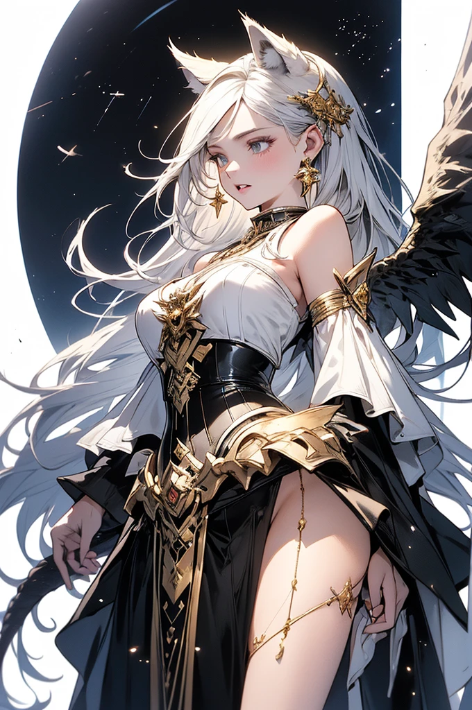 ((masterpiece, Highest quality)),Ultra-high resolution, (realism: 1.4),Best illustrations,Line art,Very condensed adult female,Delicate and beautiful features,Slit eyes,Sharp face,Very detailed white coat,Silver Hair,Wolf ears,Big tail,Fantasy,Roaring against the backdrop of the full moon and wilderness,Roaring Woman,Double teeth,wide aperture,Unreal 5,Scattered beneath the surface,Anatomically correct,Low angle full body shot, Golden angel circle overhead