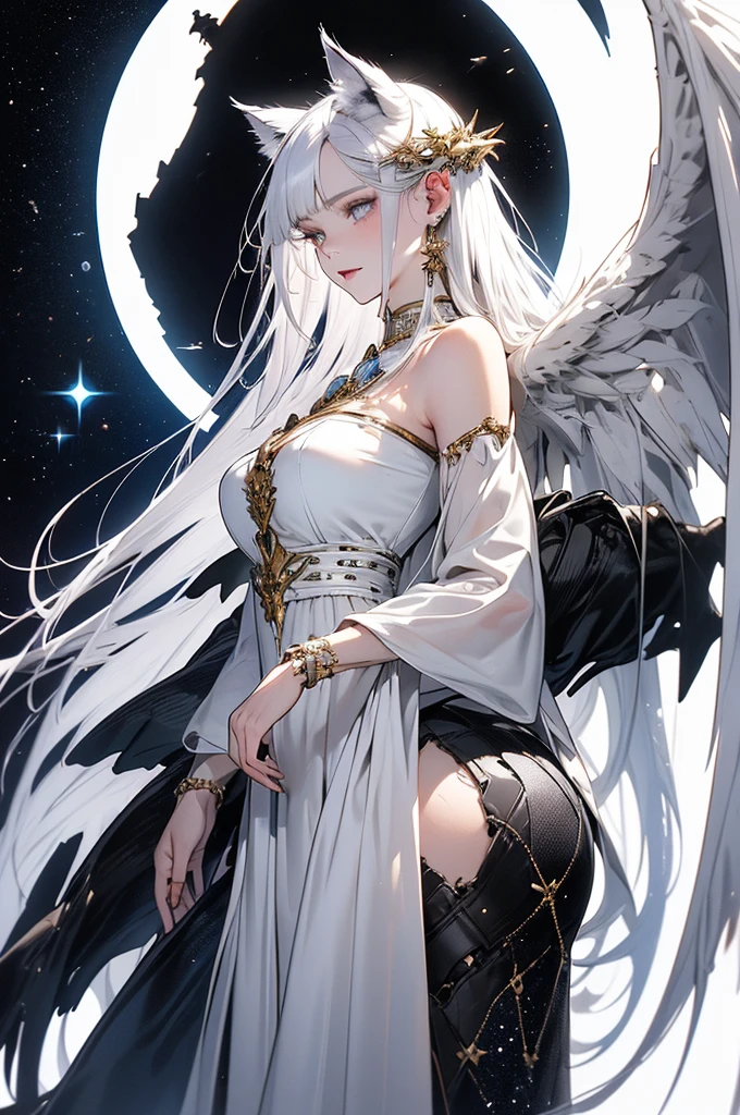 fully body photo，The barefoot，tightsuo girl, kawaii, silber hair, the angel's wings, Angelic, angel ring, lock, Blindfold your eyes with a black cloth, White flowers, The white, pure white, silvery white