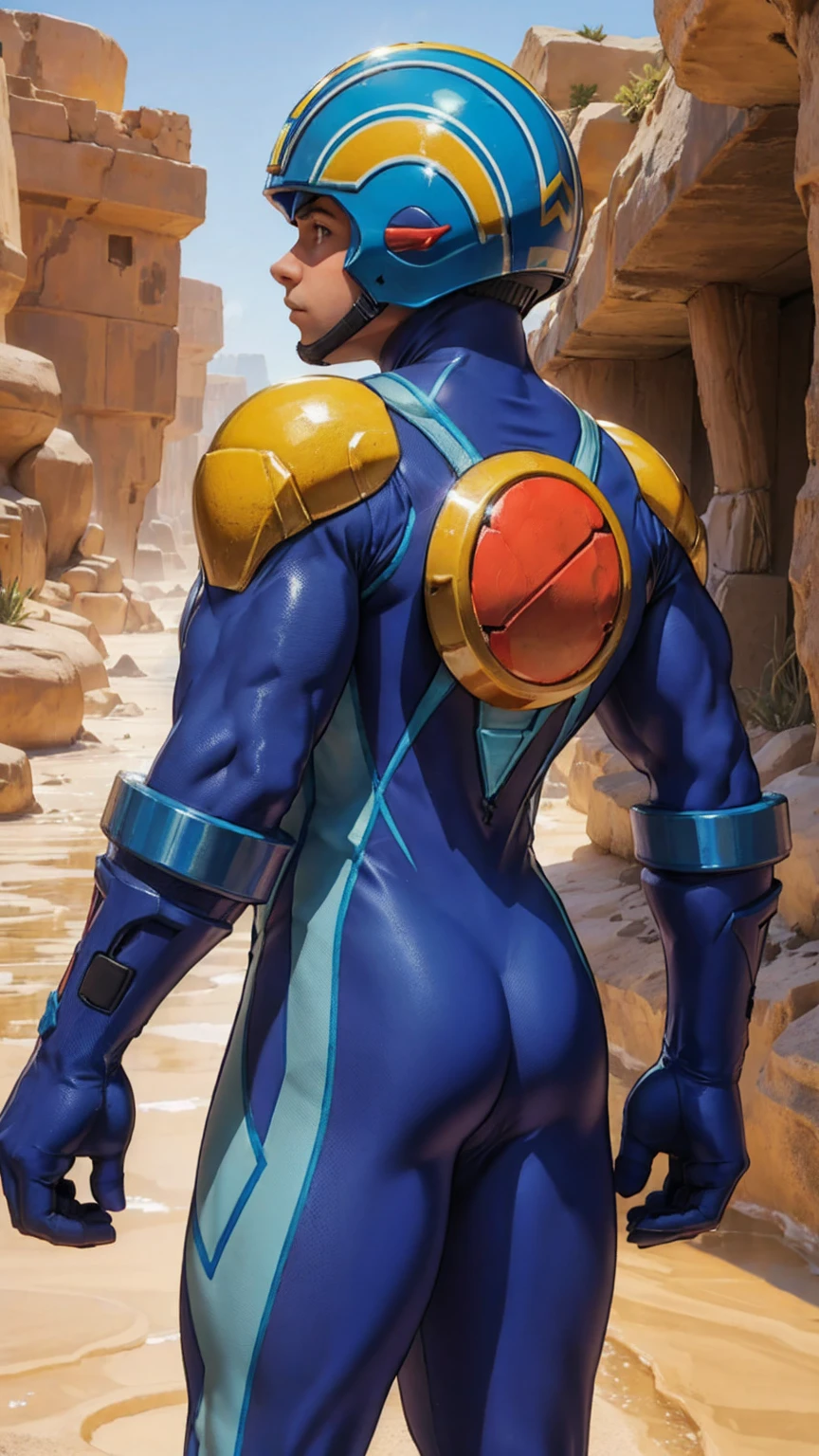 Desert Oasis,Huge muscles,Huge penis,Boy wearing a blue helmet,Hero Suit,（（（8-year-old boy）））look back,Rubber Suit