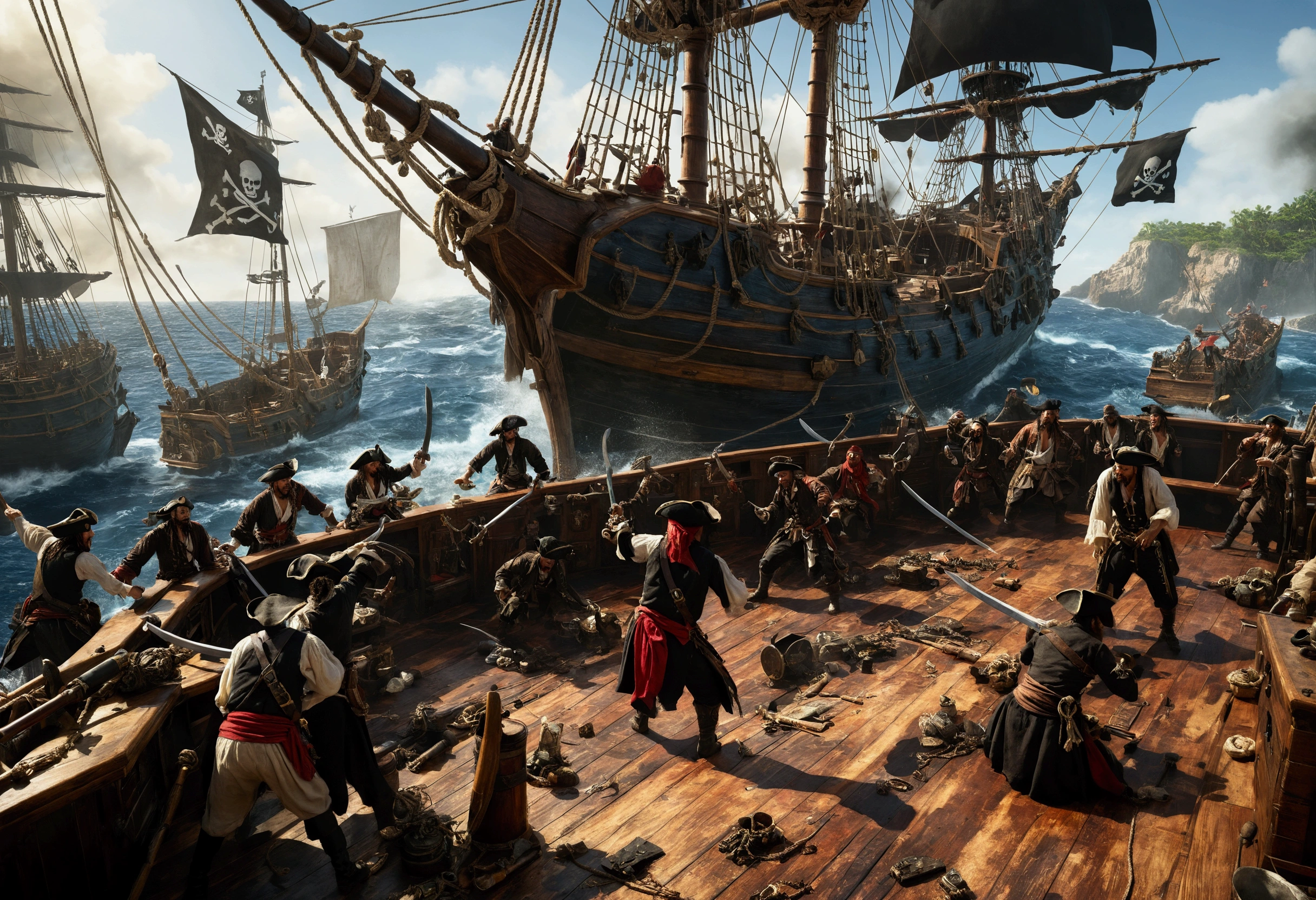 pirate war, The painting depicts a pirate ship engaged in a fierce battle on its deck. Pirates are swinging swords and shields, fighting against enemy pirates. The deck is littered with weapons and debris, creating a chaotic atmosphere. The pirates are dressed in traditional pirate attire, such as triangular hats and bandanas. This scene is intense and dramatic, capturing the brutal nature of pirate warfare.