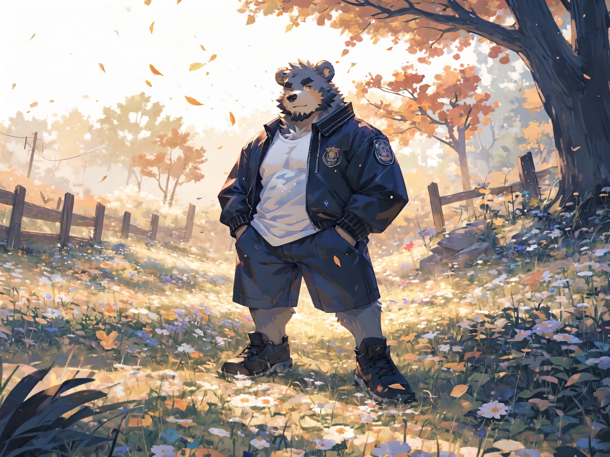 (masterpiece:1.2), best quality,pixiv,official art,perfect anatomy, (Ray tracing, light),solo, (1_male:1.3) , (muscle), (grey fur:1.4), (muscle bear), (beard:1.2), (gleaming golden eyes), bear tail, full body, Thick black eyebrows, bomber jacket, white t-shirt, shorts , biack shoes, black socks, (pure white background: 1.3), cross-legged, flower field, autumn, fallen leaves, big tree