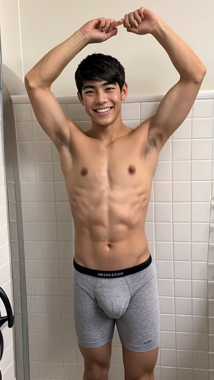 Japanese men、、Muscles and smooth skin、Very short black hair、A relaxed and friendly smile、Light grey boxer briefs、You can see your whole body from your toes to your head、Posing in the bathroom、