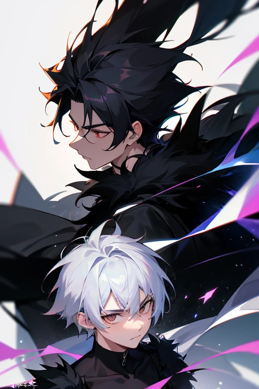 High detail, clarity, 4k, young guy, 18 years, black fur, defiant look, young guy, completely black behind the other one on the left side, black aura, young guy, completely white back on the right side, white aura