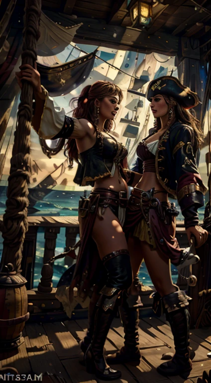 (8k, Highest quality, masterpiece)，Sexy female Pirate War, Sexy Pirate women fighting each other, {Realistic, RAW Photos, Super Fine Clear, Impressionist painting, (Influenced by Impressionist painting:1.6)}, naval battle, Pirate Combat, br1tneysp-130