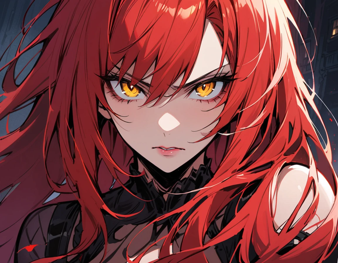 Long red hair, yellow eyes, evil, sexy, black and red clothes, cute hairstyle, evil face, evil, serious look, gloss lips, sinister, front look, bloody, gloves, close up, portrait, beautiful eyes, short dress, big white, dark place, night, sensual, straigh hair cut, clear skin, evil, young 30 years girl, adult girl, solo, red, very long hair,