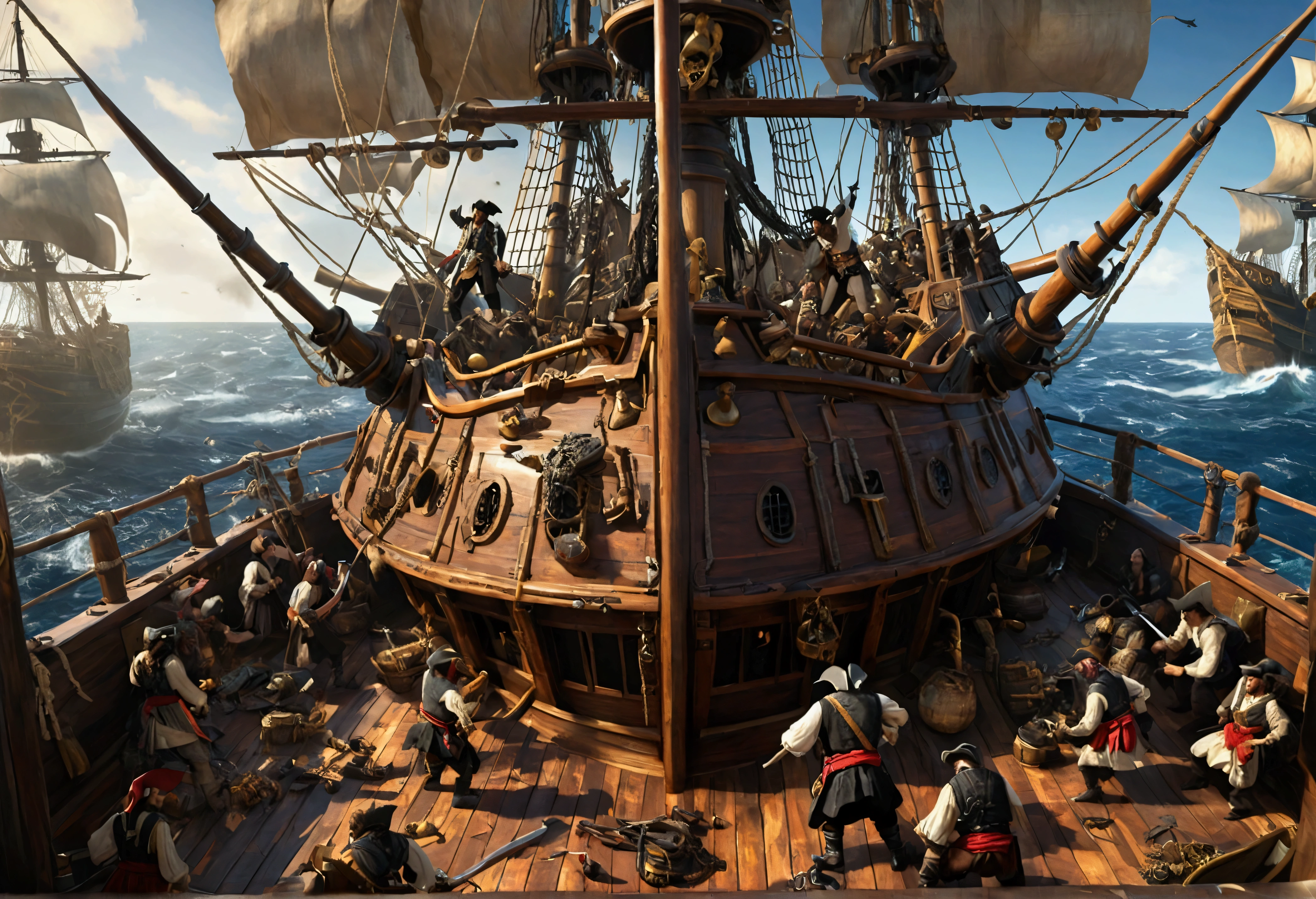pirate war, The painting depicts a pirate ship engaged in a fierce battle on its deck. Pirates are swinging swords and shields, fighting against enemy pirates. The deck is littered with weapons and debris, creating a chaotic atmosphere. The pirates are dressed in traditional pirate attire, such as triangular hats and bandanas. This scene is intense and dramatic, capturing the brutal nature of pirate warfare.
