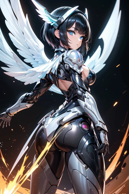 ((Highest quality))、((masterpiece))、(detailed)、((Anatomically correct))、One Woman、aldult、(look at me)、whole body、(Ultra-glossy skin with attention to detail:1.1)、Glowing Skin、bangs、Short Hair、Beautiful black hair、(Beautiful Eyes:1.3)、Slim figure、medium breasts、headgear、Arm Armor、Mechanical wings from the back