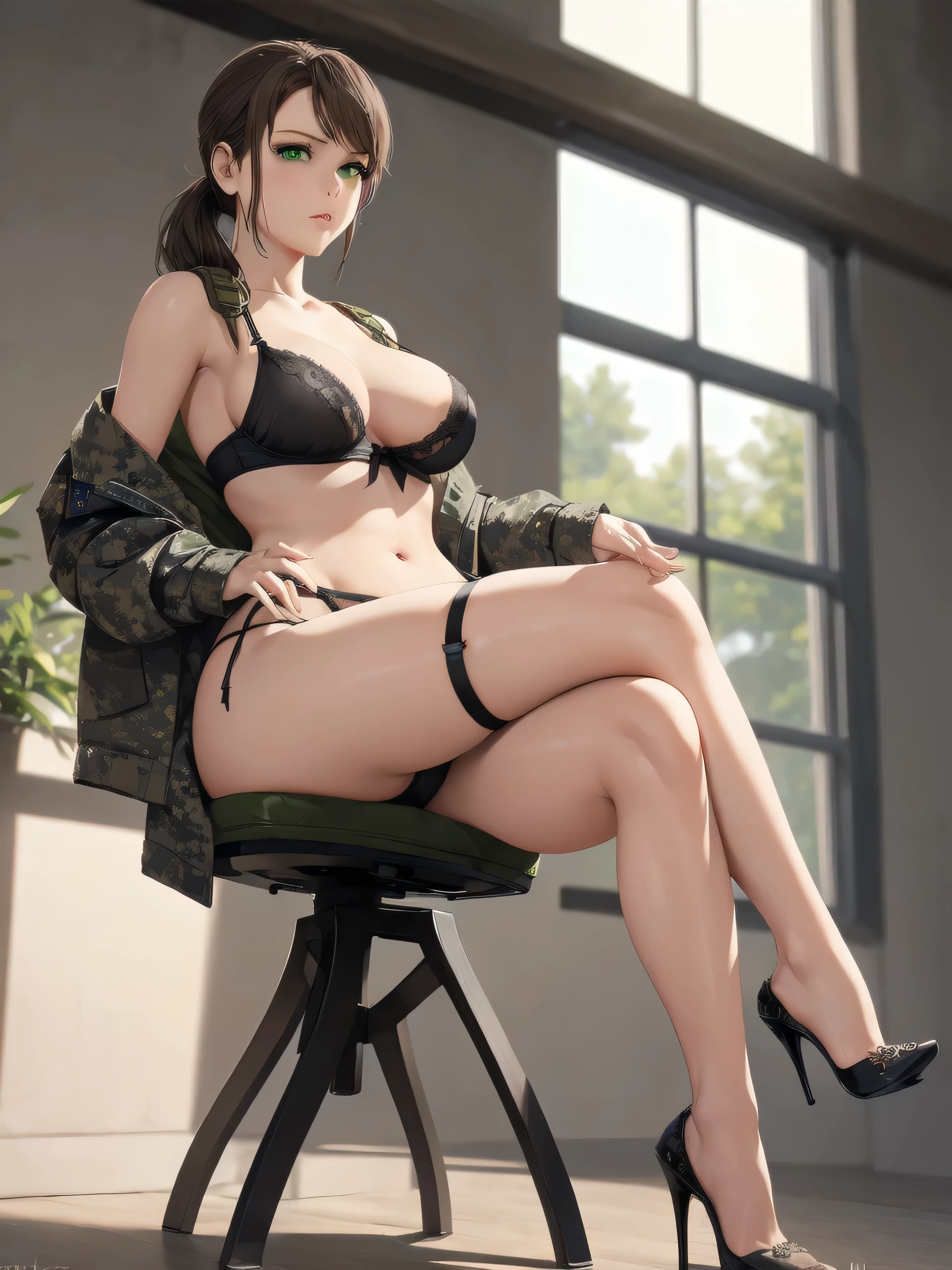 quietmetalgear, ponytail, wide hips, thighs, solo girl, edgPanties, a woman in ([military camouflage lingerie]:1.25),wearing edgPanties, sexy clothing, superb embroidery, brown hair, ponytail, green eyes, long hair, sitting, crossed legs, high heels