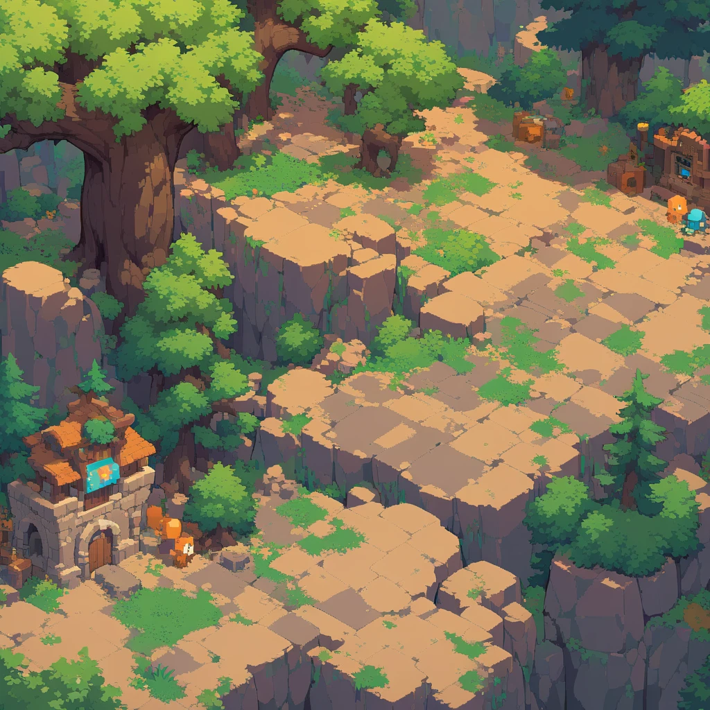 Retro video game style, pixelated, vibrant colors, 8-bit characters, blocky shapes, sharp lines, detailed shading, classic gaming vibe, nostalgic atmosphere, classic arcade games. Masterpiece:1.2, ultra-detailed, illustration style. 2D texture, stone texture, 4K seamless mud texture, video game texture, dirt texture. Game tiles, grass, 3/4th perspective trees, 3/4th perspective tileable rock texture, 3/4th perspective tileable cliff formations, tileable trees, top-down view, tileable texture. Very detailed cliff texture, intricate stones.