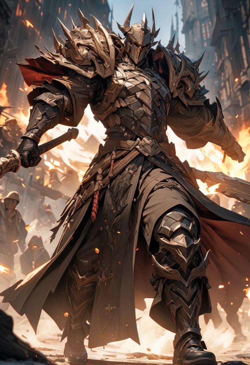 masterpiece, 8k, best quality, highly detailed, a human male wielding a warhammer made of wood