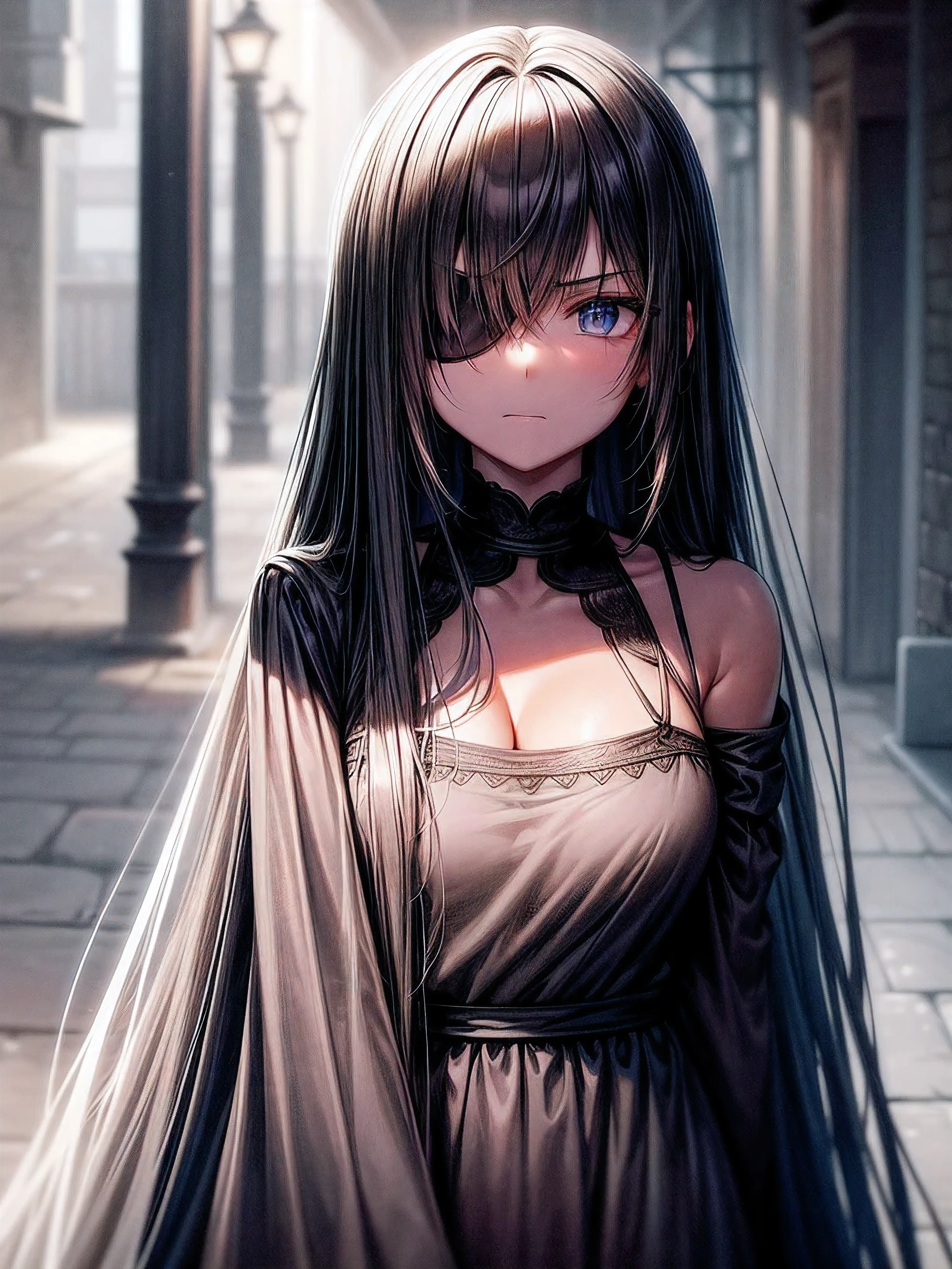 A darkened alleyway at dusk, a lone figure illuminated by flickering streetlights. A young woman, her features etched in anger, stands with feet shoulder-width apart and arms crossed over her chest. Her right eye is obscured by an eye patch, while her left eye blazes with intensity. A chain adorns her arm, drawing attention to the subtle strength beneath her tough exterior. Her hair falls across her eyes like a veil of mystery, as if hiding secrets only she knows.