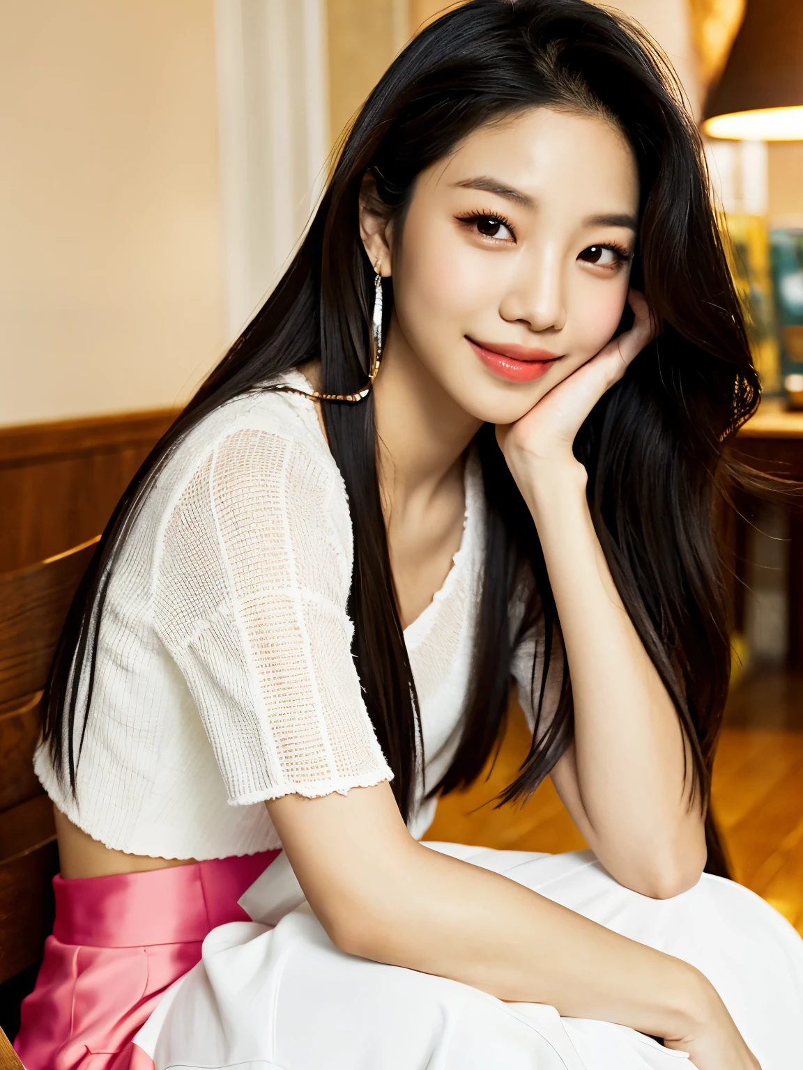 a close up of a person sitting on a chair with a shirt on, bae suzy, blackpink jennie, gongbi, portrait of jossi of blackpink, heonhwa choe, jinyoung shin, jaeyeon nam, jossi of blackpink, lee ji-eun, lee ji - eun, portrait of female korean idol, hwang se - on, park ji-min