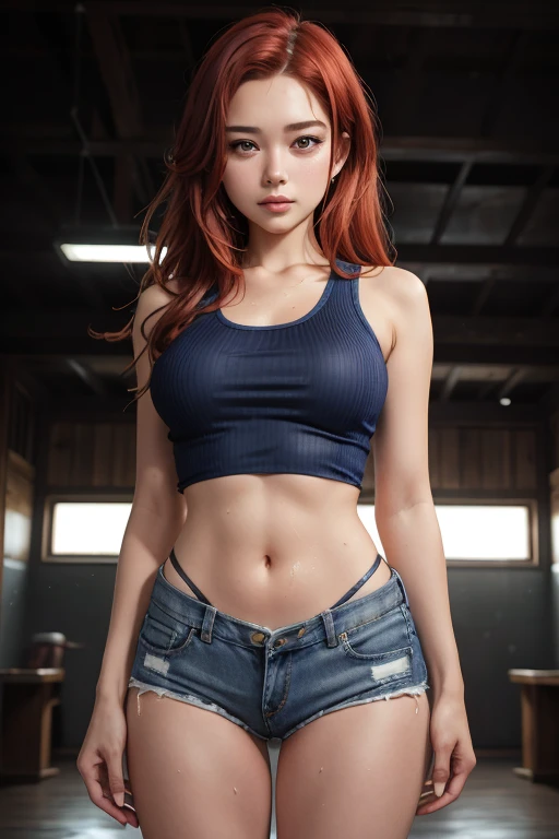 (Generated in SFW:2.0), masterpiece, Highest quality, Realistic photos, RAW Photos, alone, (Red Hair 1.3),Beautiful Face, Casual clothing, (Tight tank top:1.2), (Denim shorts:1.2), (Thighs),No sleeve, Seductive body lines, ((Sweaty 1.5)), ((Shiny skin 1.4)), Hip Hop Dance, (Uplifting), (A dark background to make your subject stand out:1.1), (Full Body Shot:1.2),Concentrated face, Cool pose,