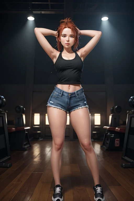 (Generated in SFW:2.0), masterpiece, Highest quality, Realistic photos, RAW Photos, alone, (Red Hair 1.3),Beautiful Face, Casual clothing, (Tight tank top:1.2), (Denim shorts:1.2), (Thighs),No sleeve, Seductive body lines, ((Sweaty 1.5)), ((Shiny skin 1.4)), Hip Hop Dance, (Uplifting), (A dark background to make your subject stand out:1.1), (Full Body Shot:1.2),Concentrated face, Cool pose,